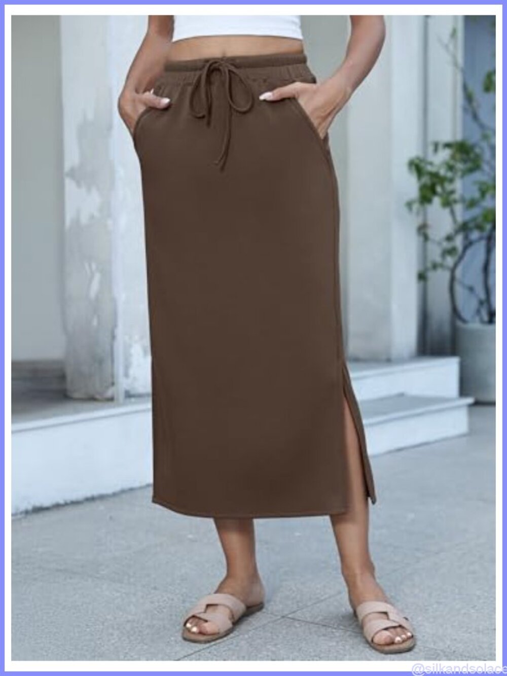 Women's High Waist Maxi Skirt with Pockets Drawstring Side Slit - Picture 5 of 6